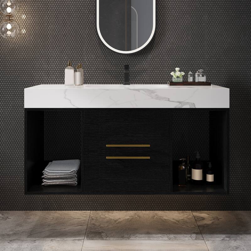 GDFStudio - Modern 39.4" Wall Mounted Floating Sintered Stone Bathroom Vanity with Seamless Ceramic Sink & Soft-Close Drawers - Black Cabinet - White Sink