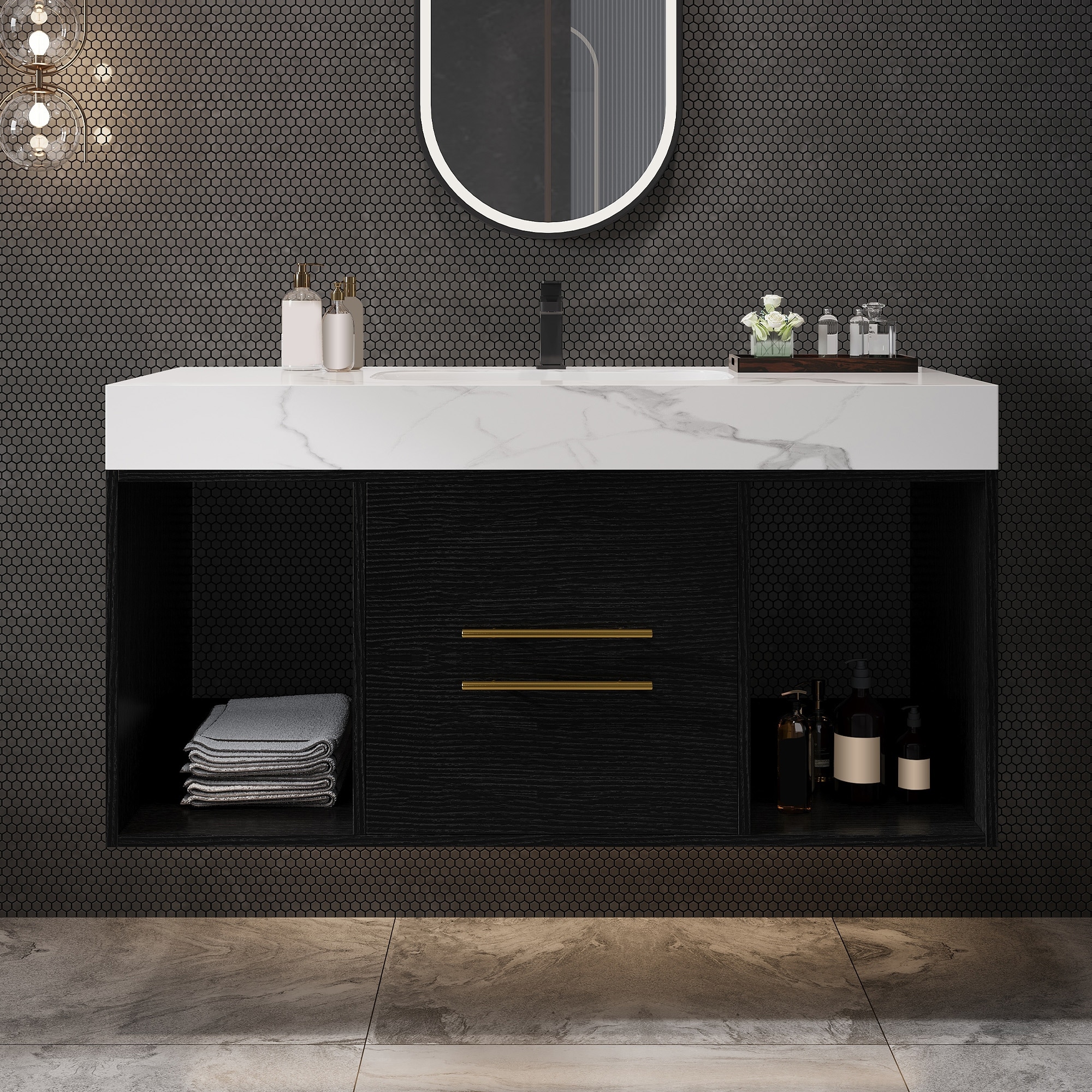 Modern Wall Mounted Bathroom Vanity Floating Storage Cabinet with Ceramic Sink, Faux Marble Countertop, Drawers and Open Shelves