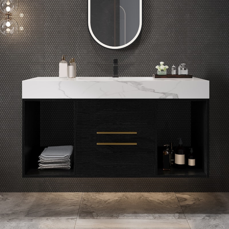 Modern Wall Mounted Bathroom Vanity Floating Storage Cabinet with Ceramic Sink, Faux Marble Countertop, Drawers and Open Shelves - Black