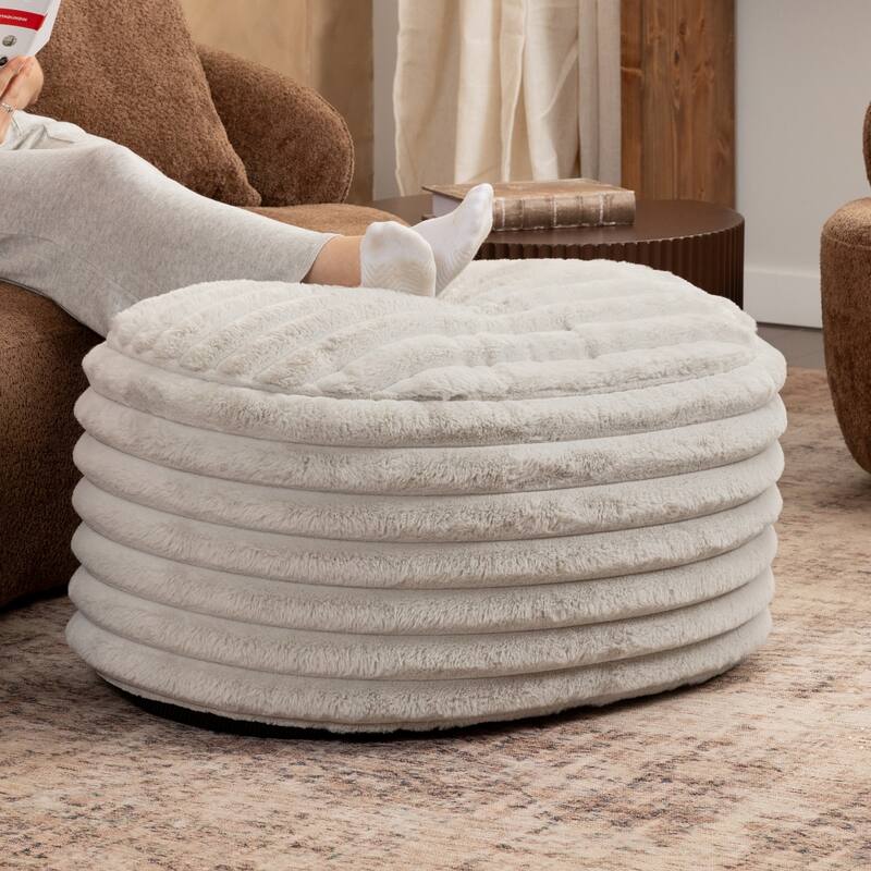 Large Faux Fur Ribbed Plush Pouf Ottoman - 35" - Gray