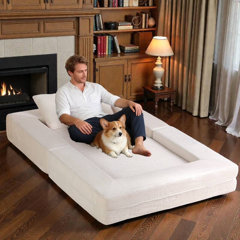 Compression Human Dog Sofa Bed, 3-in-1 Corduroy Floor Couch with Pillow, Folding Lounger for Adults & Pets