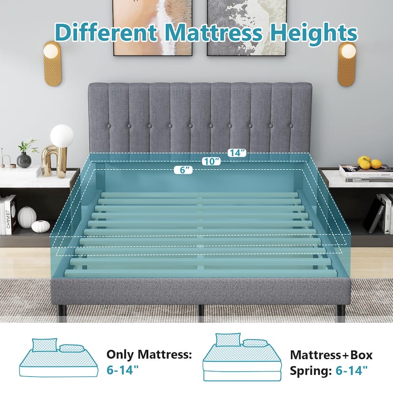 Full Size Platform Bed Frame with Fabric Upholstered Headboard and Wooden Slats Support, No Box Spring Needed/Easy Assembly