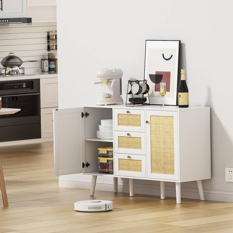 Anmytek Mid-Century Modern 47.2" W 2-Door White Buffet/Sideboard Rattan Storage Accent Cabinet with Drawers