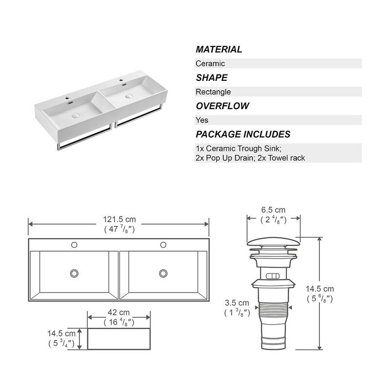 48-Inch Bathroom Dual Basin Trough Sink with Towel Racks - 47.8" x 16.5" x 5.7"