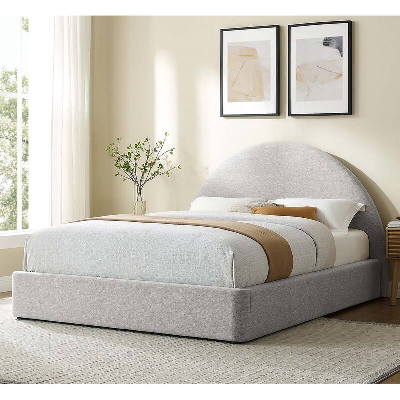 Palmetto Modern Round Headboard Light Grey Fabric Upholstered Queen Size Platform Bed