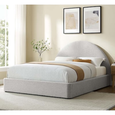Palmetto Modern Round Headboard Light Grey Fabric Upholstered Queen Size Platform Bed