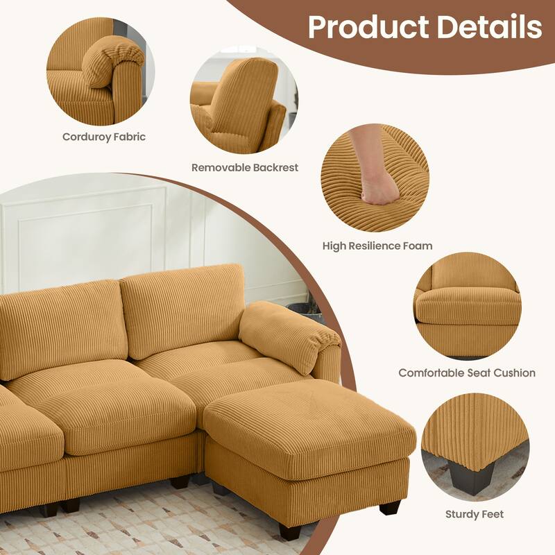Corduroy Sectional Sofas with 2 Removable Ottomans, U-shaped Symmetrical 6-Seat Modular Couch