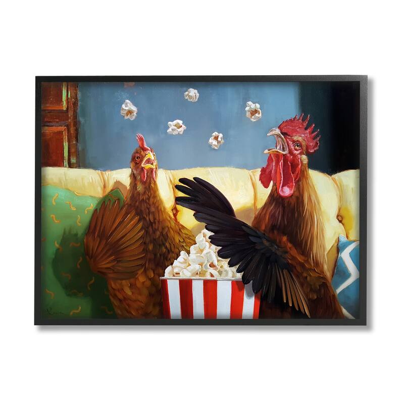 Stupell Rooster Chicken Tossing Catching Popcorn Movie Night Framed Wall Art - Multi-Color