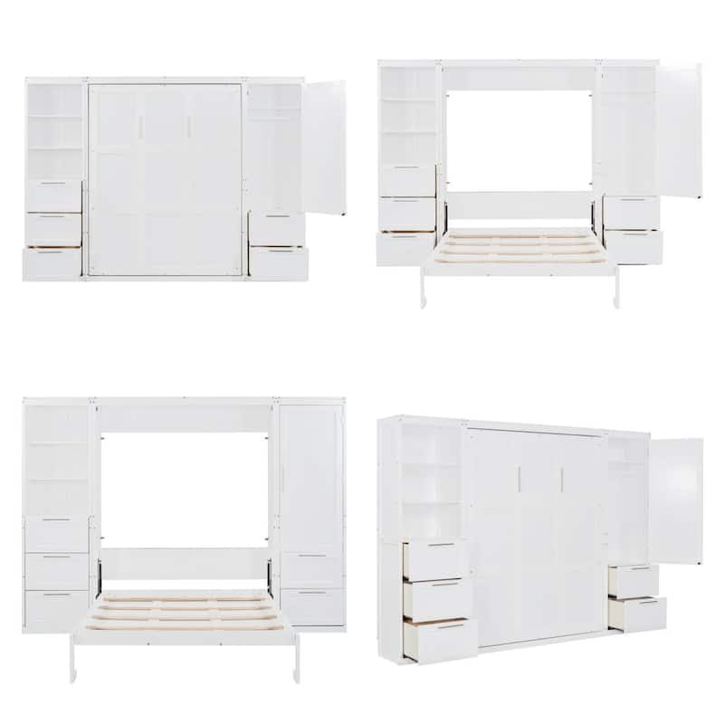 Queen Size Wood Murphy Bed with Wardrobe,Drawers and Shelves