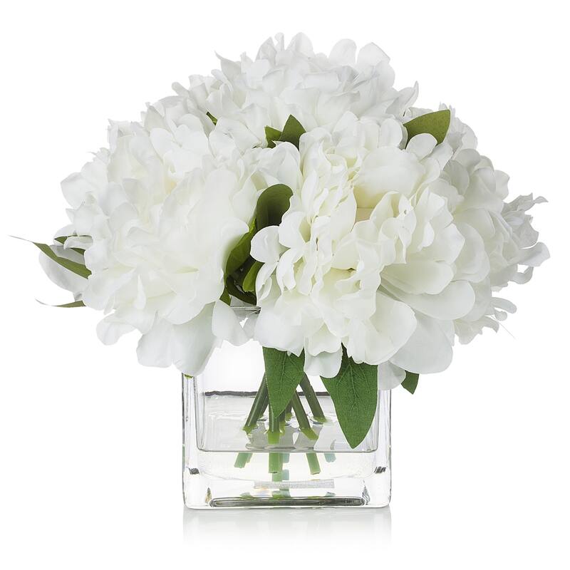 Enova Home 7 Heads Artificial Peony Silk Flowers Arrangement in Clear Cube Glass Vase with Faux Water for Home Decór