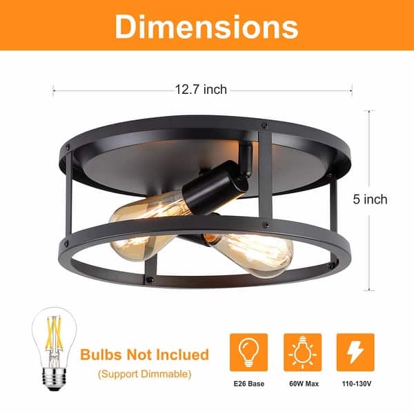 dimension image slide 3 of 4, 2-Light Black Farmhouse Flush Mount Ceiling Light-2 Pack