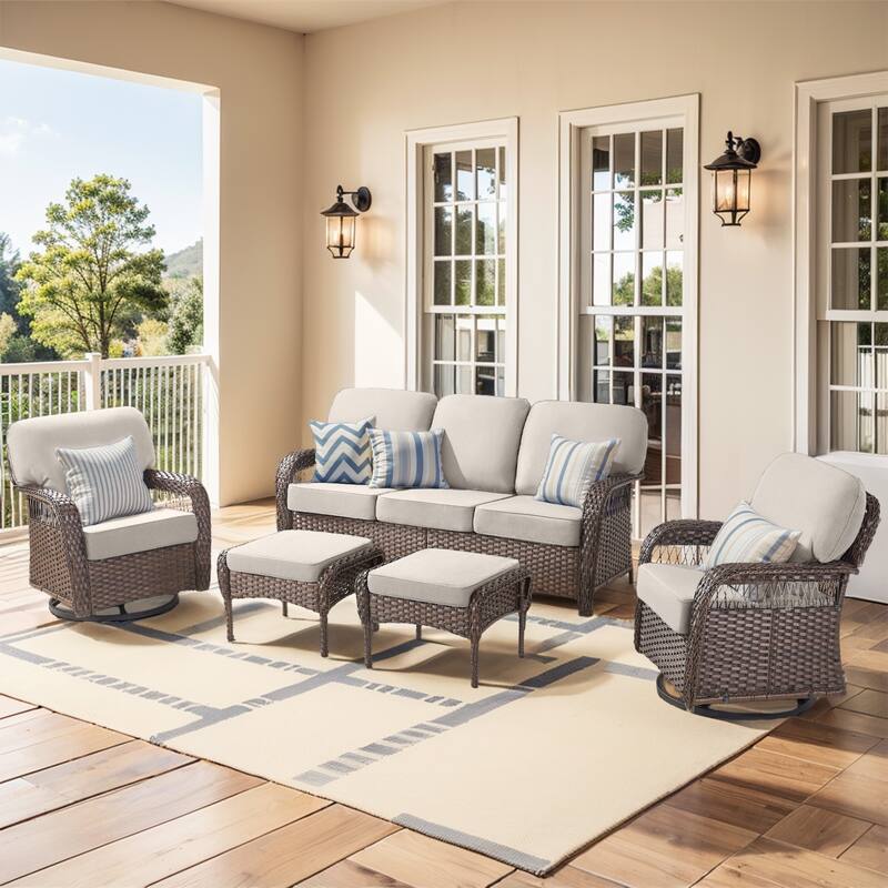 Pocassy Patio Outdoor Sofa Ottoman with Swivel Chair Table - Brown Wicker Beige Cushion - 5-Piece Sofa Swivel Chair with Ottoman