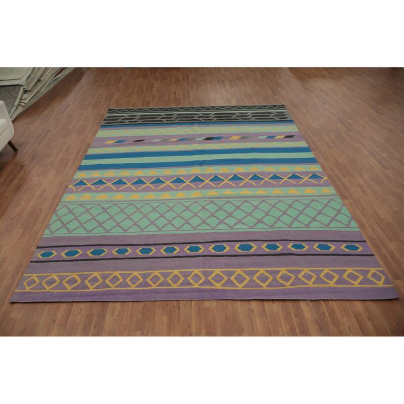 Hand Woven Oriental 100% Wool Carpet Southwestern Tribal Multi-Colored Kilim Area Rug - 12' 4'' X 9' 1''