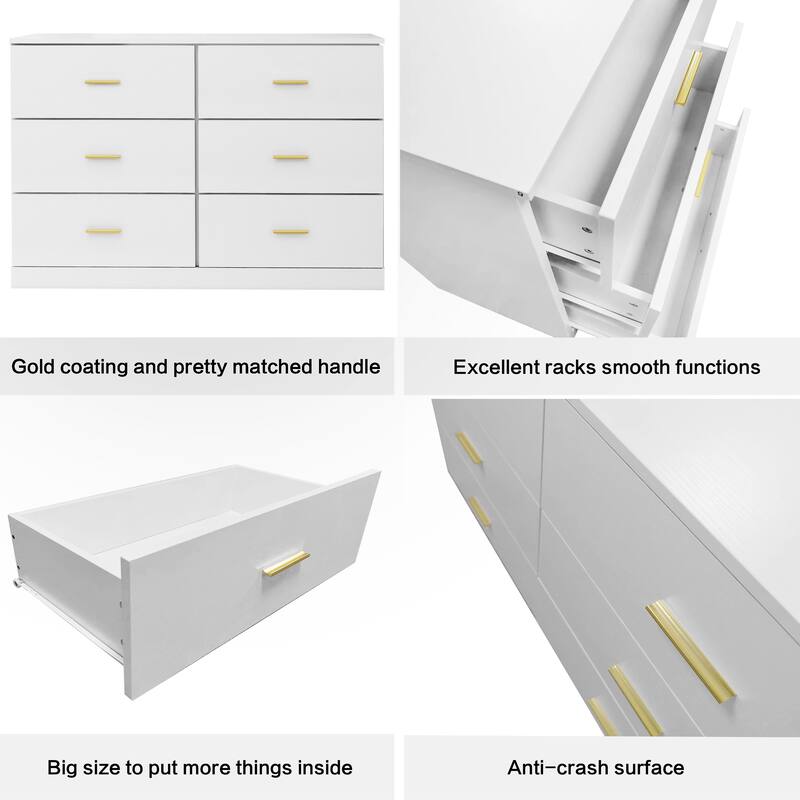 Modern Minimalist Style Drawer Dresser Large Space Storage Cabinet with 6 Drawers Gold Handles, for Bedroom