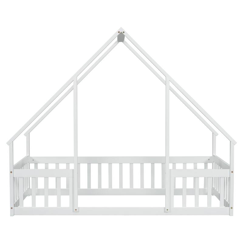 White Twin Size Pine Wood House-Shaped Floor Bed with Fence, Guardrails and Roof for Bedroom