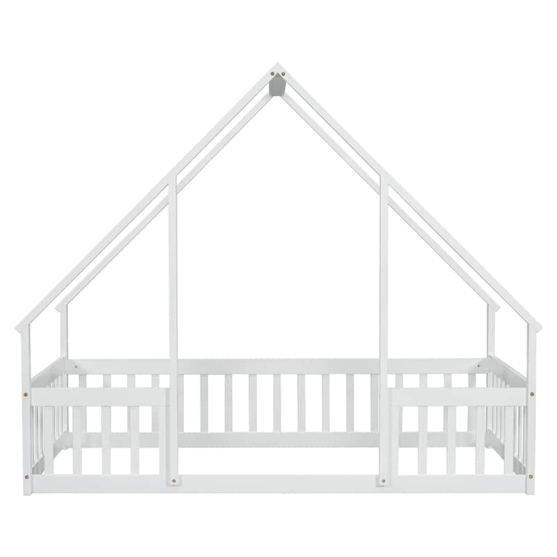 Wood House-Shaped Floor Bed With Fence, Guardrails