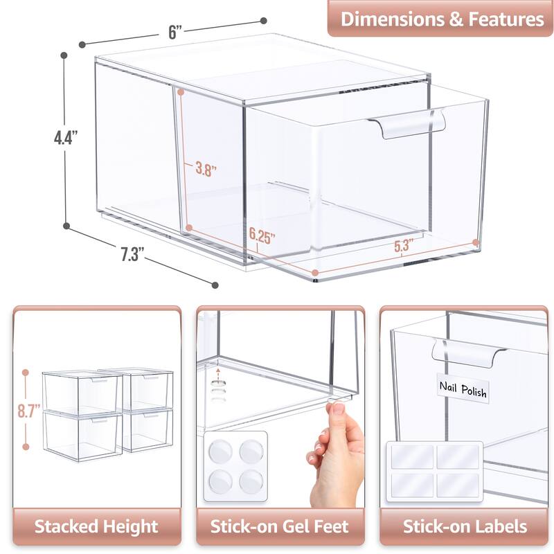 Sorbus Acrylic Cosmetic Vanity Makeup Organizer Drawer 4 Pack Clear Stackable Bathroom Undersink Cabinets Jewelry Office Storage