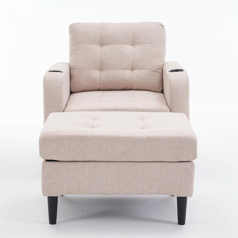 Upholstered Armchair and Storage Ottoman Set with Cup Holders and Tufted Detailing