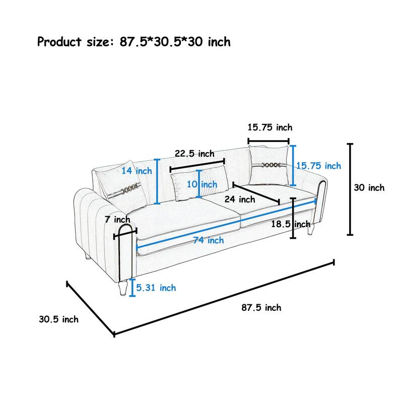 87.4" Luxury Loveseat Sofa with Metal Legs, Round Arms