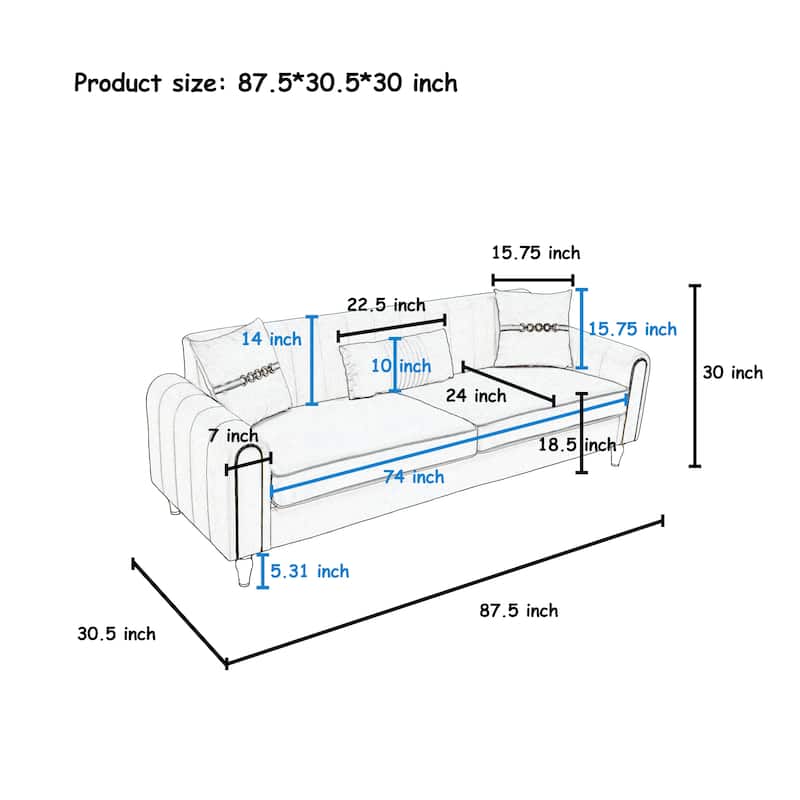 Roomfitters 87.4 Inch 3 Seater Elegant Modern Upholstered Sofa with Gold Metal Trim, Vertical Channel Tufted Back