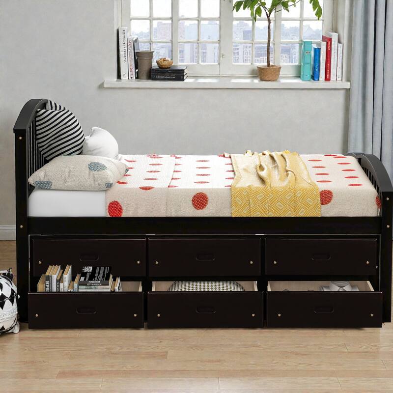 Twin Size Solid Wood Platform Bed with 6 Storage Drawers, Pine Wood Frame with Slats, No Box Spring Needed