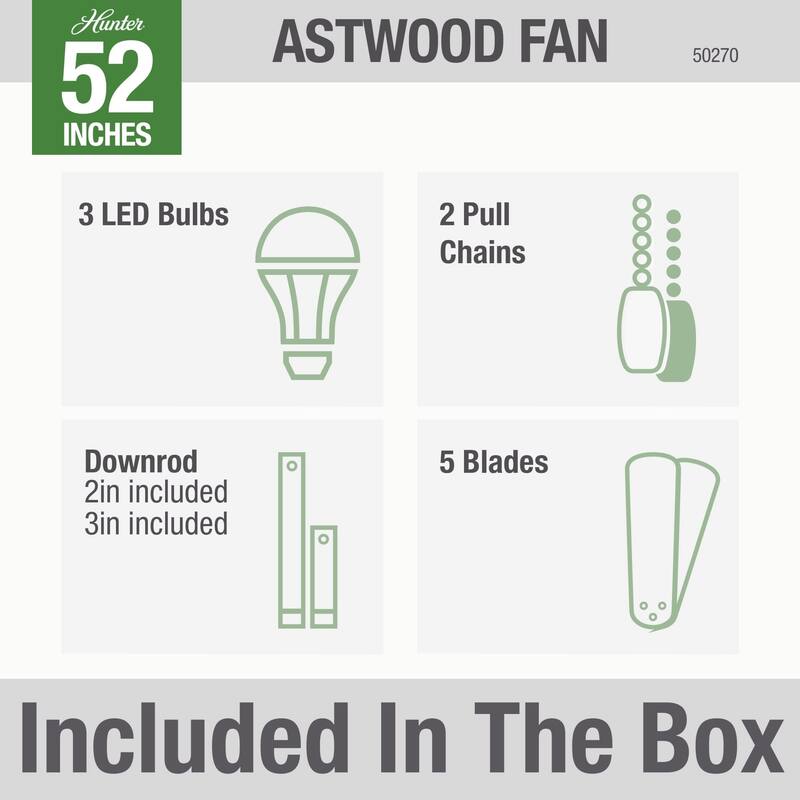 Hunter 52" Astwood Ceiling Fan with LED Light and Pull Chain - Transitional, Modern Farmhouse - Exclusive Surespeed Guarantee!