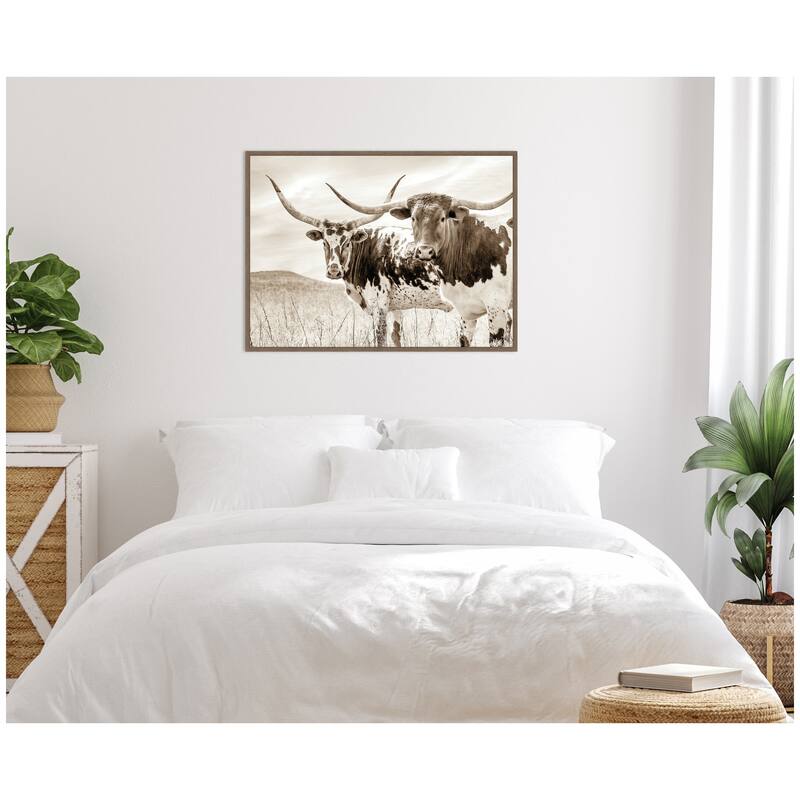 Kate and Laurel Sepia Texas Longhorn Cattle in Pasture by The Creative Bunch Studio Framed Canvas Wall Art Print