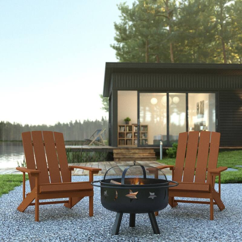 Star and Moon Fire Pit with Mesh Cover & 2 Poly Resin Adirondack Chairs - Brown