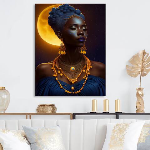 Designart "Blue Queen African Woman Under Moon II" Contemporary Glam Canvas Wall Art
