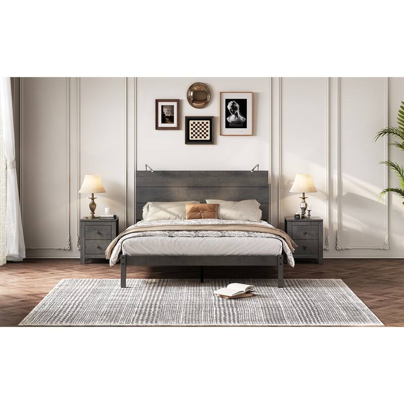 Queen Rustic Wood Platform Bed with Built-In Bedside Lights