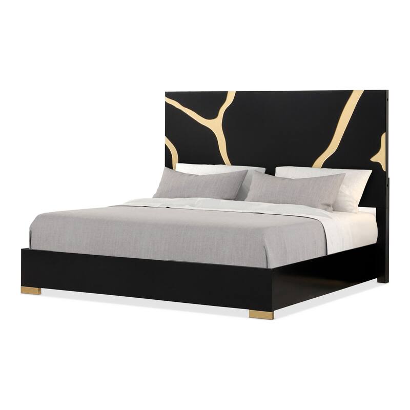 Furniture of America Kismet Modern 5-Piece Black Wood Platform Bedroom Set with Gold Accented Headboard