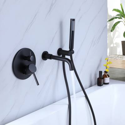 Double-Handle Wall Mounted Roman Tub Faucet with Hand Shower Head in Matte Black