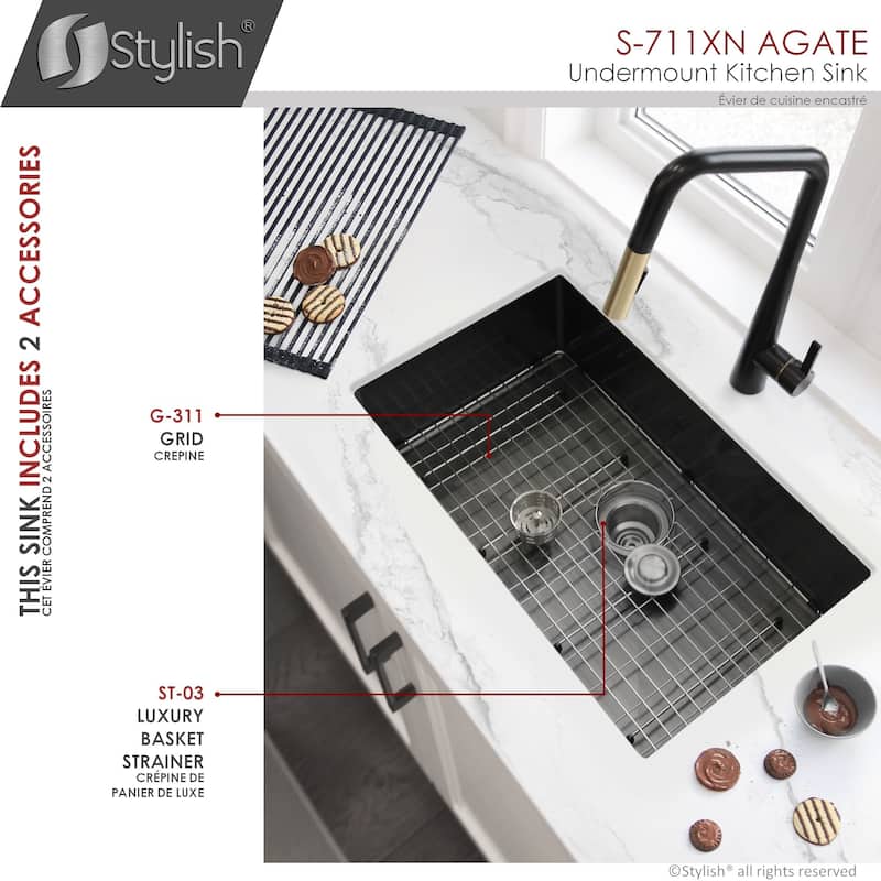 STYLISH 30 inch Graphite Black Single Bowl Undermount Stainless Steel Kitchen Sink with Grid and Basket Strainer Handmade