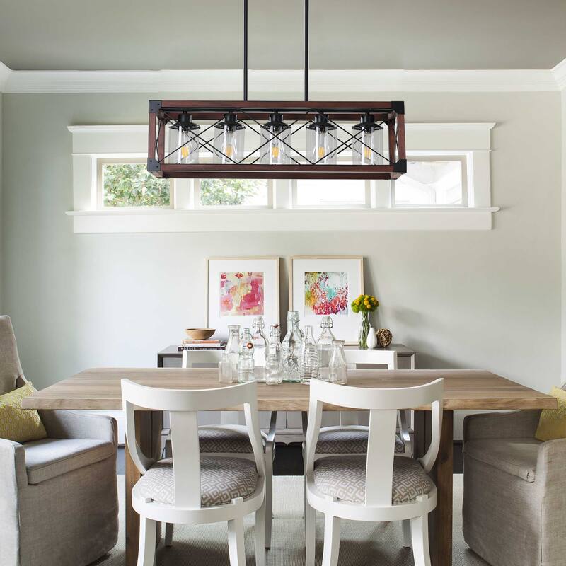 32" Red Wood Industrial Farmhouse Rectangle Pendant Light, 5-Light Chandelier with Lampshade for Dining Room, Kitchen Island