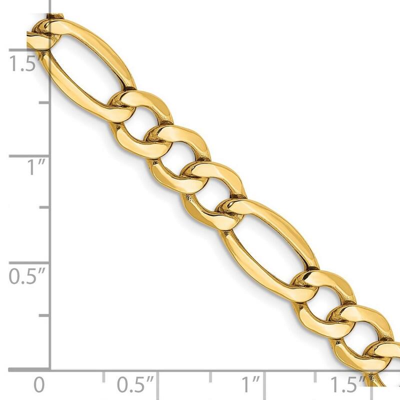 Curata 14k Yellow Gold Hollow Polished Lobster Claw Closure 7.3mm Semi solid Figaro Chain Bracelet