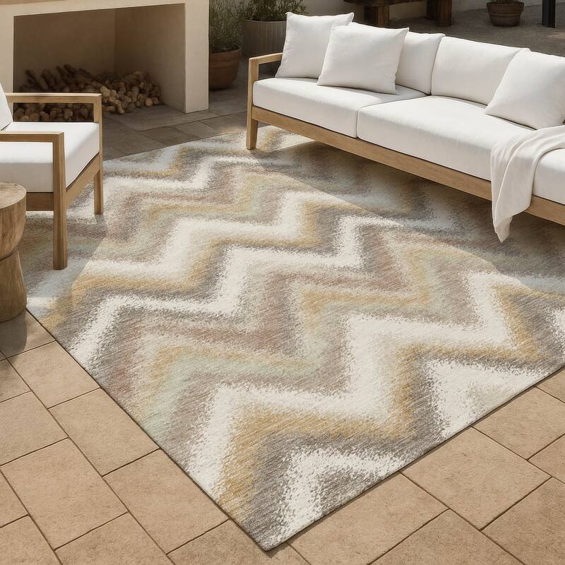 Machine Washable Indoor/ Outdoor Modern Chevron Chantille Rug - Ivory - 3' x 5'