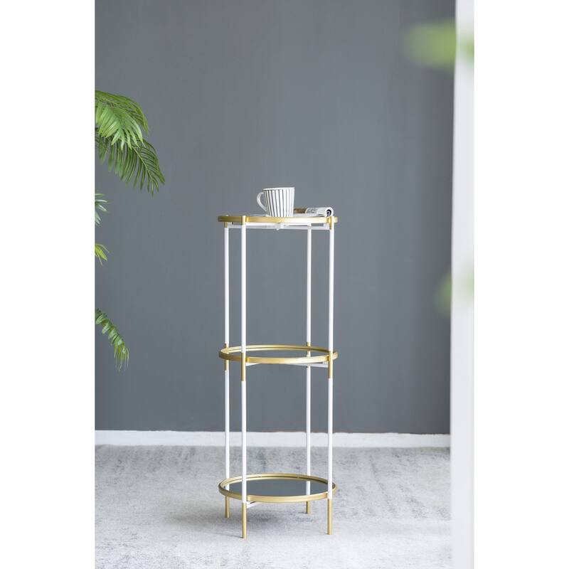 3 Tier Glass Shelf with Metal Frame White and Gold Modern Display Stand