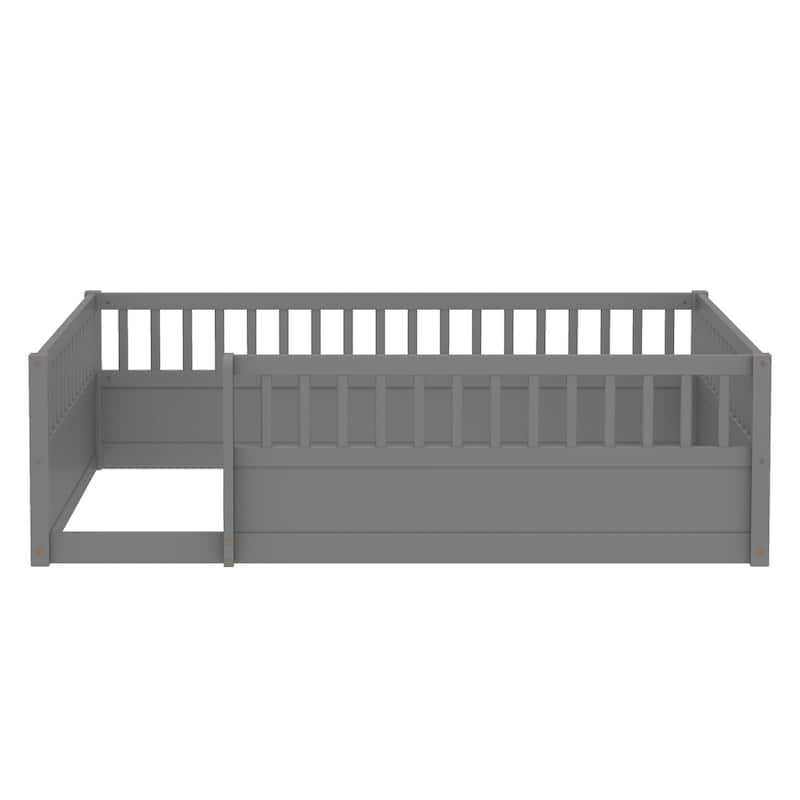 Full Floor Bed Frame with Fence, Montessori wooden children's floor bed,Wood Kids Floor Beds Frame for Bedroom Playroom