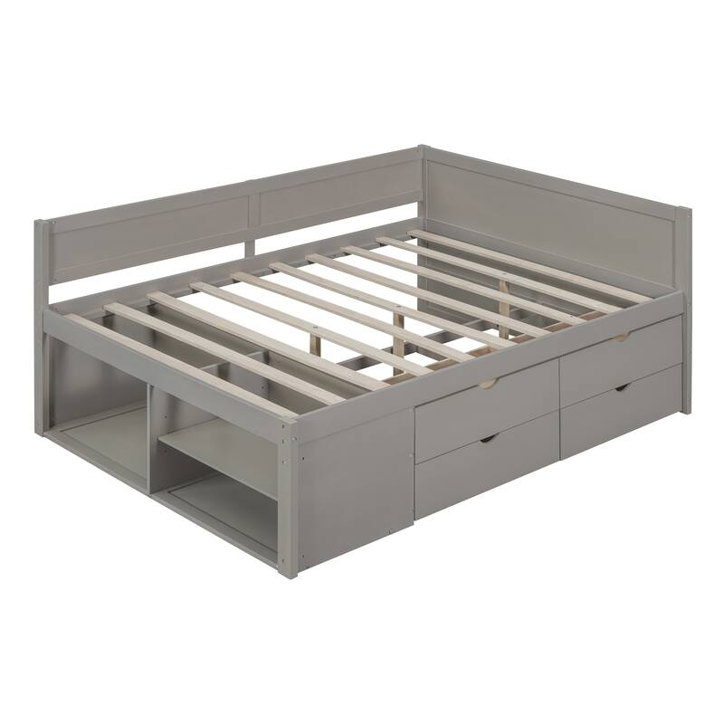 Pine Wood Daybed Frame with 4 Storage Drawers & Shelves