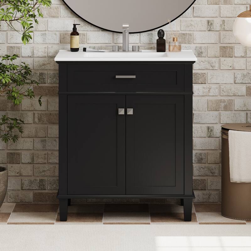 30-inch bathroom vanity with ceramic basin, soft close door and adjustable shelves - Black