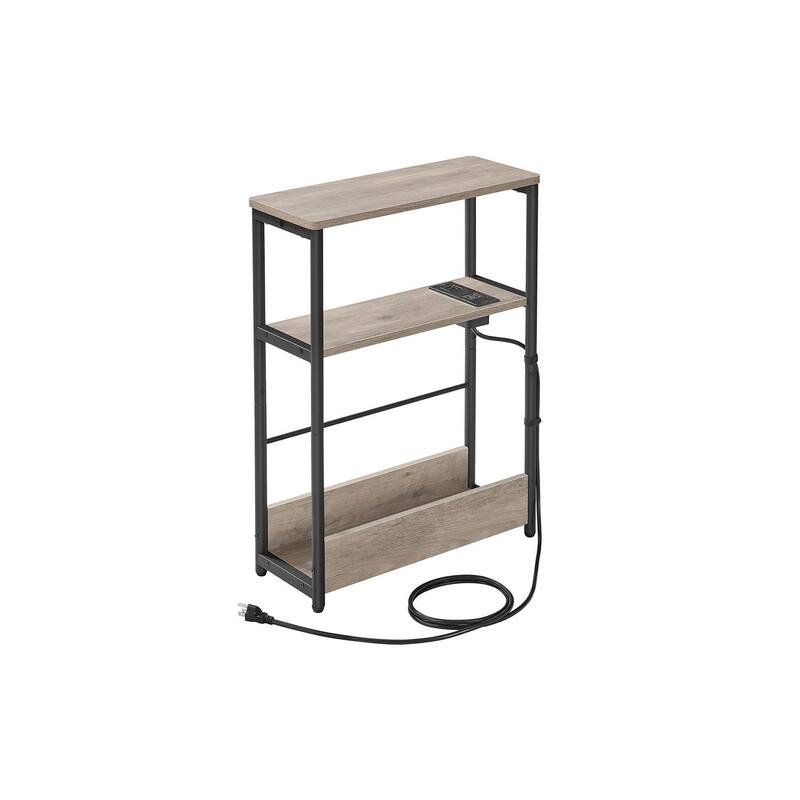 Space-Saving End Table with 3 Storage Shelves and Built-In Charging Station and Stable Steel Frame - 7.1"D x 17.7"W x 22.8"H - Heather-Greige-Ink-Black