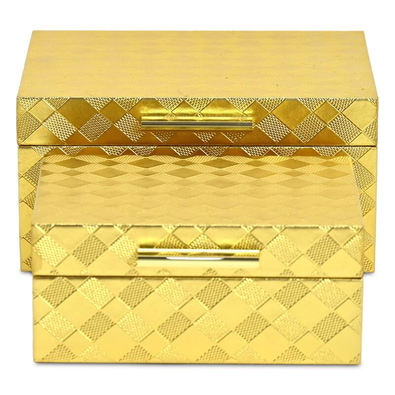 Zuleika Set of 2 Rectangular Decorative Storage Boxes - Gold Checkered Diamond Pattern - N/A