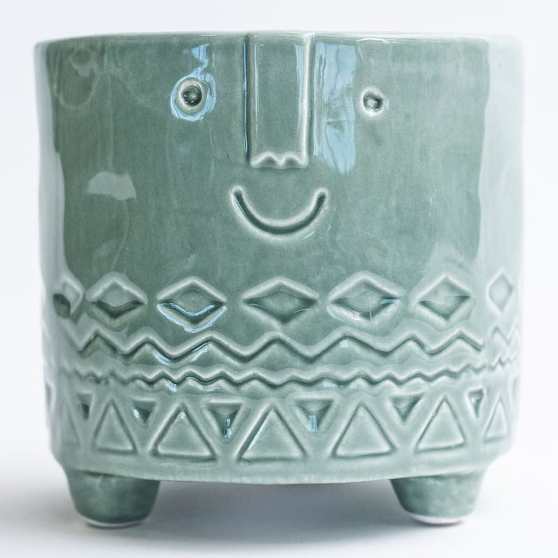 Aqua Green Friendly Face Footed Planter