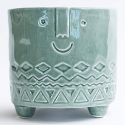 Aqua Green Friendly Face Footed Planter