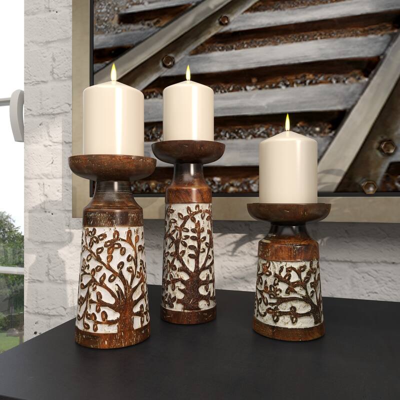 Brown Mango Wood Coastal Candle Holder (Set of 3)