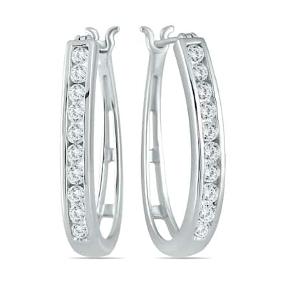 Marquee 10k White Gold 1ct TDW Round Channel Set Diamond Hoop Earrings