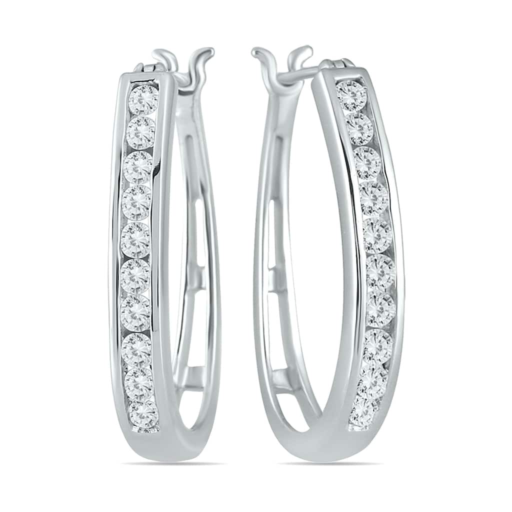 Marquee 10k White Gold 1ct TDW Round Channel Set Diamond Hoop Earrings