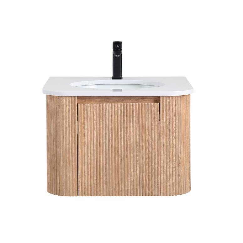 24 Inch Wall Mounted Bathroom Vanity with Sink Curved Design, Modern Floating Vanity Cabinet with Soft Close Drawer