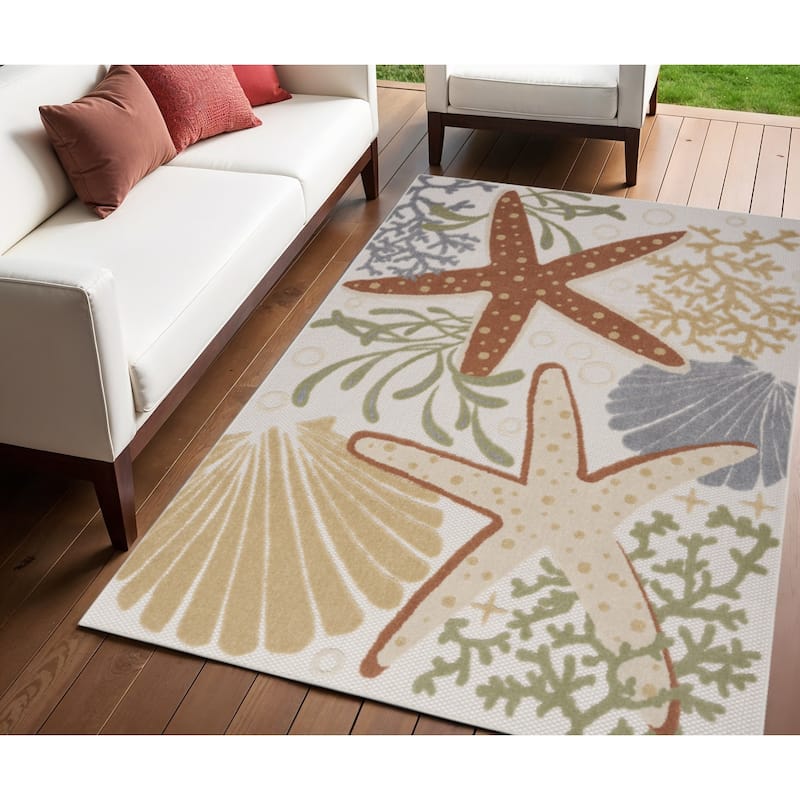 HomeRoots Contemporary Rectangle Outdoor Rug - 4' X 6' - Orange/Blue/Ivory - 4' X 6'