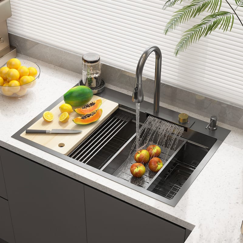 32.2"W Apron Single Bowl Workstation Kitchen Sink 304 Stainless Steel